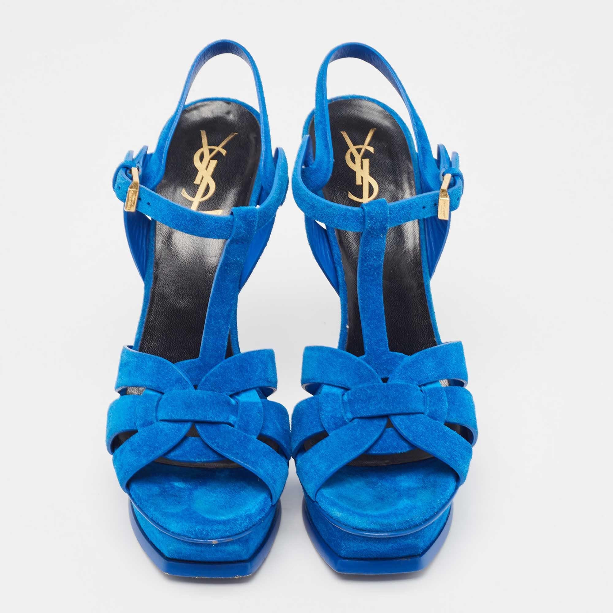 Saint Laurent Blue Suede Tribute Sandals Size 38 In Good Condition In Dubai, Al Qouz 2