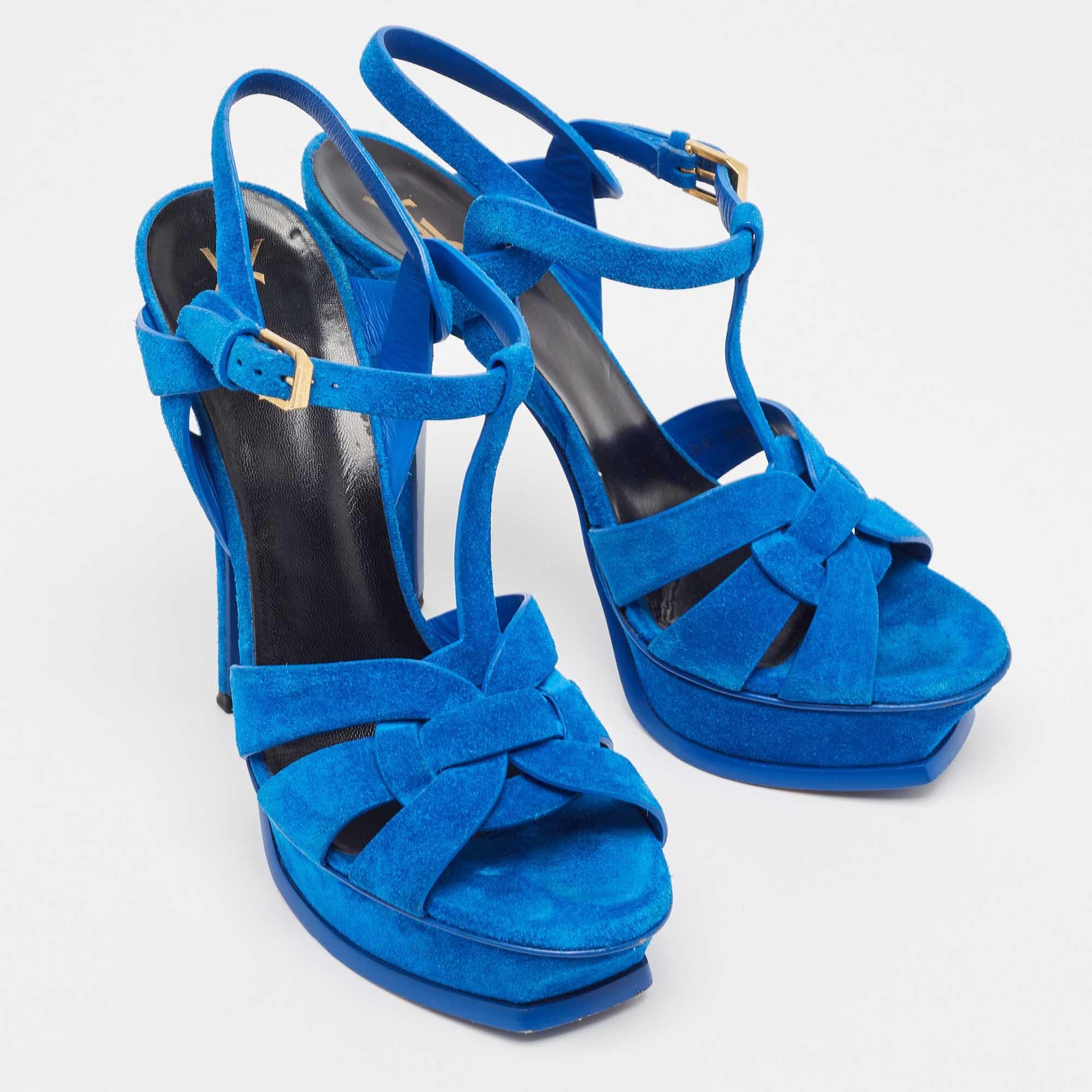 Women's Saint Laurent Blue Suede Tribute Sandals Size 38