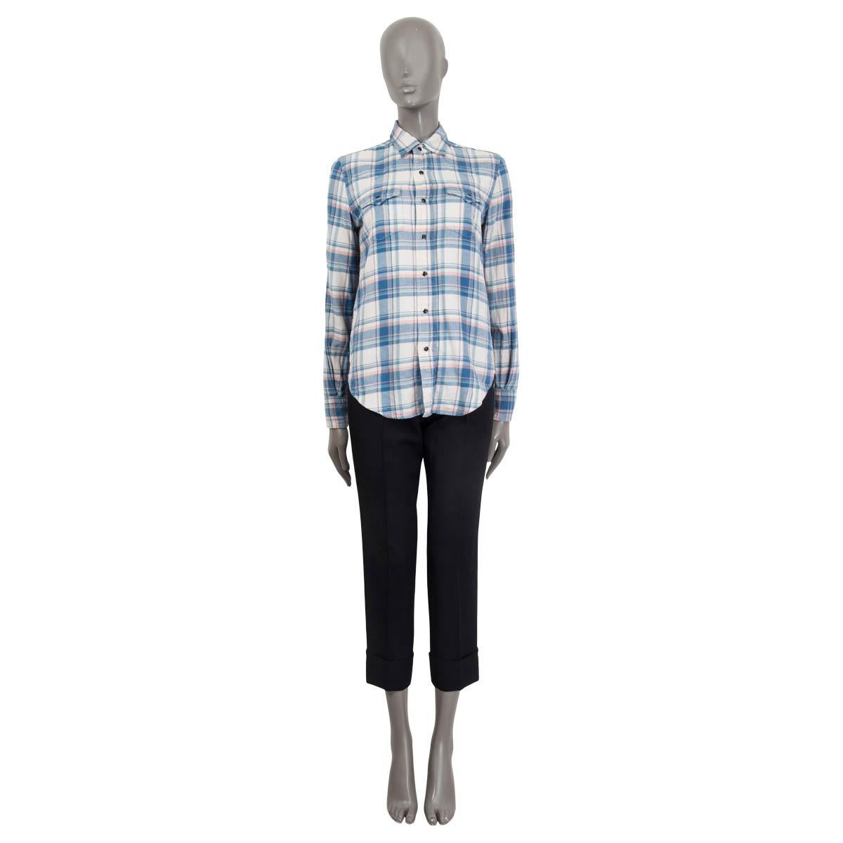 100% authentic Saint Laurent flannel plaid western shirt in blue, baby pink and off-white cotton (85%), linen (8%) and ramie (7%). Features two buttoned flap pockets at the chest and buttoned cuffs. Opens with seven push buttons on the front.