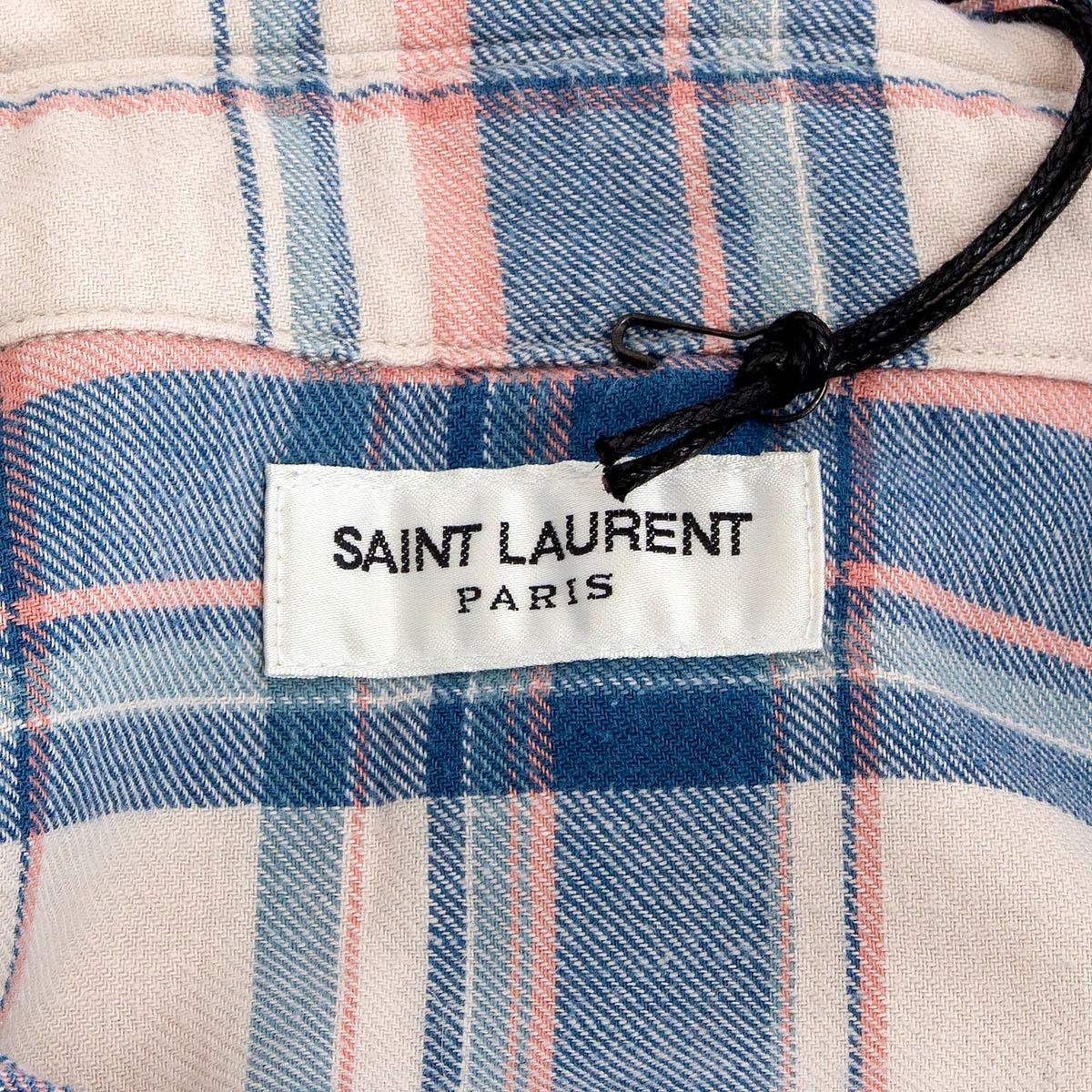 Gray SAINT LAURENT blue white pink cotton FLANNEL PLAID WESTERN Shirt S For Sale