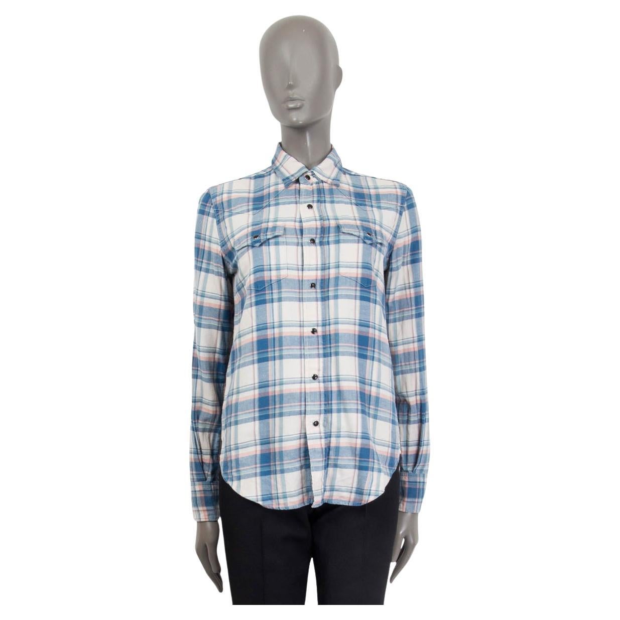 SAINT LAURENT blue white pink cotton FLANNEL PLAID WESTERN Shirt S