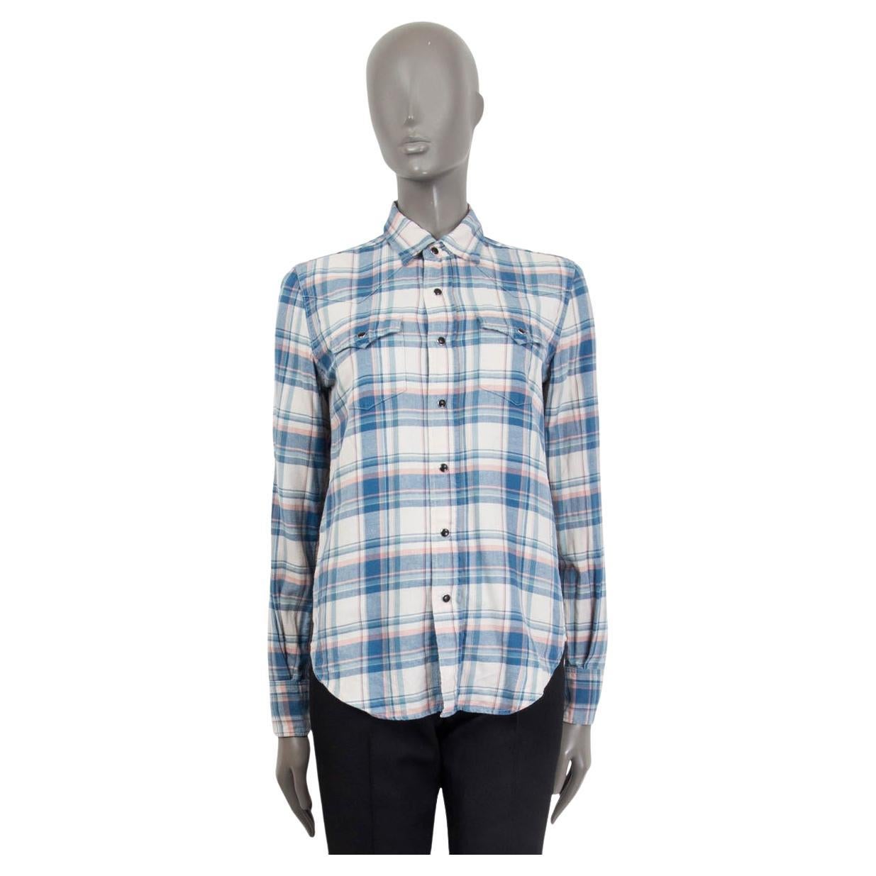 SAINT LAURENT blue white pink cotton FLANNEL PLAID WESTERN Shirt S For Sale