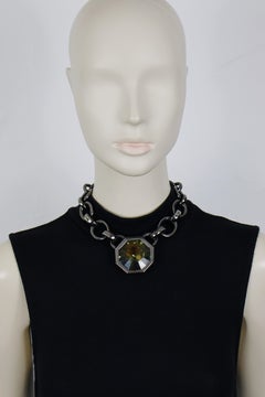 SAINT LAURENT Bold Gun‑Patina Chain Necklace with a Massive Crystal Centrepiece