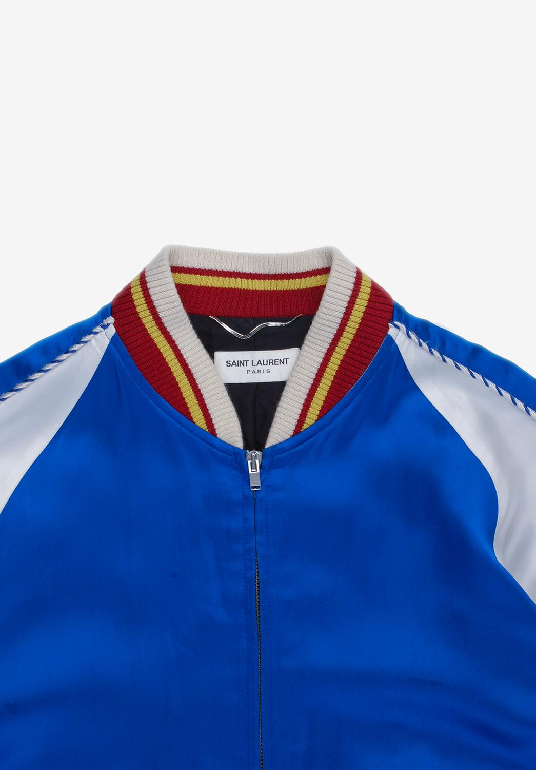 Item for sale is 100% genuine Saint Laurent Men Bomber Jacket 
Color: Blue/White
(An actual color may a bit vary due to individual computer screen interpretation)
Material: 100% viscose, lining - 100% silk
Tag size: 50IT(M)
This jacket is great