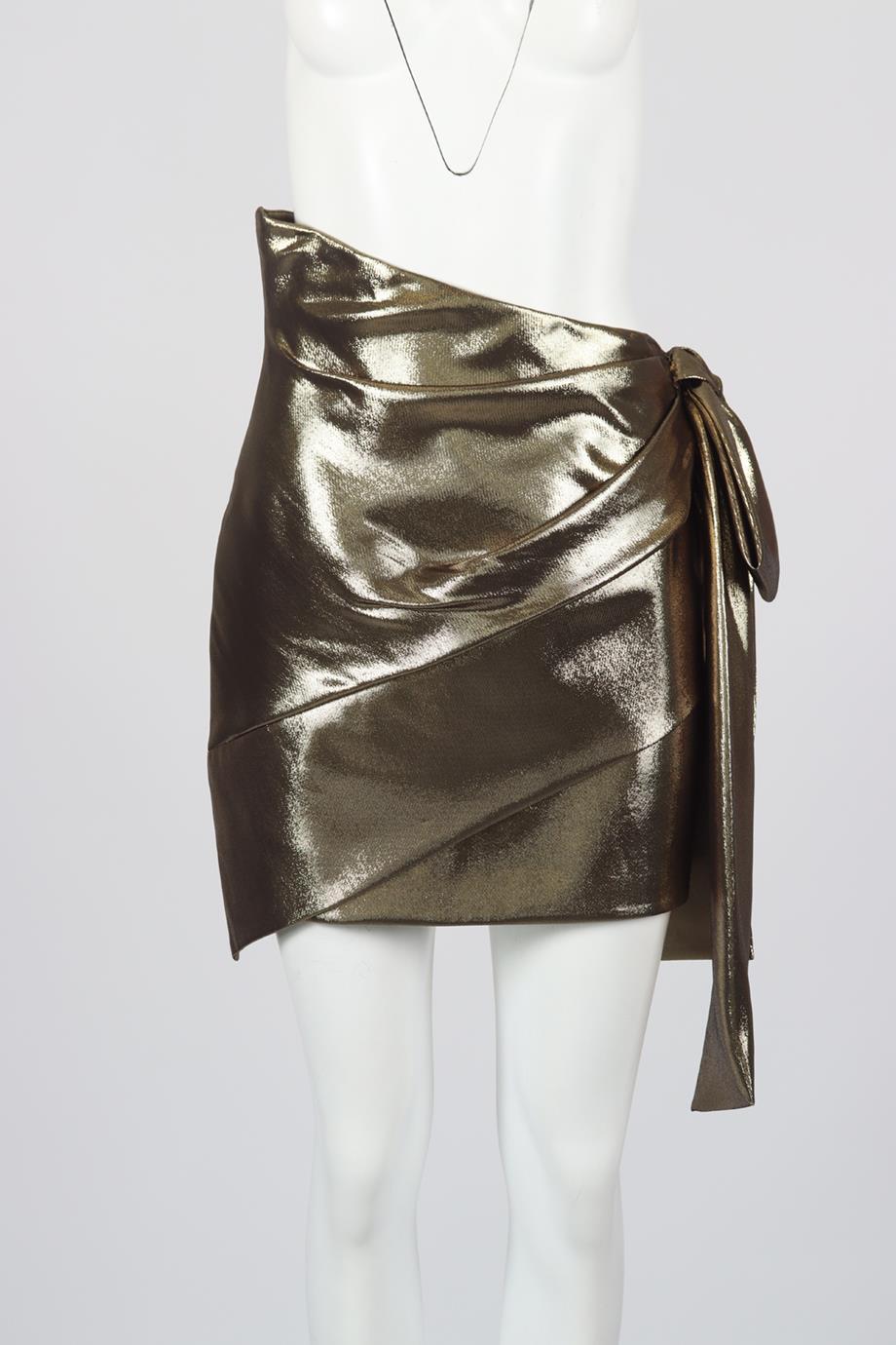 Saint Laurent Bow Detailed Silk Blend Lamé Mini Skirt. Gold. Zip fastening - Side. 65% Silk, 35% metal fiber; lining: 100% silk. FR 40 (UK 12, US 8, IT 44). Waist: 29.2 in. Hips: 33.4 in. Length: 17.5 in. Condition: Used. Very good condition - No