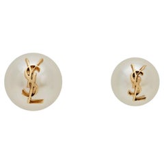 Saint Laurent Brand New Gold YSL Asymmetrical Pearl Earrings