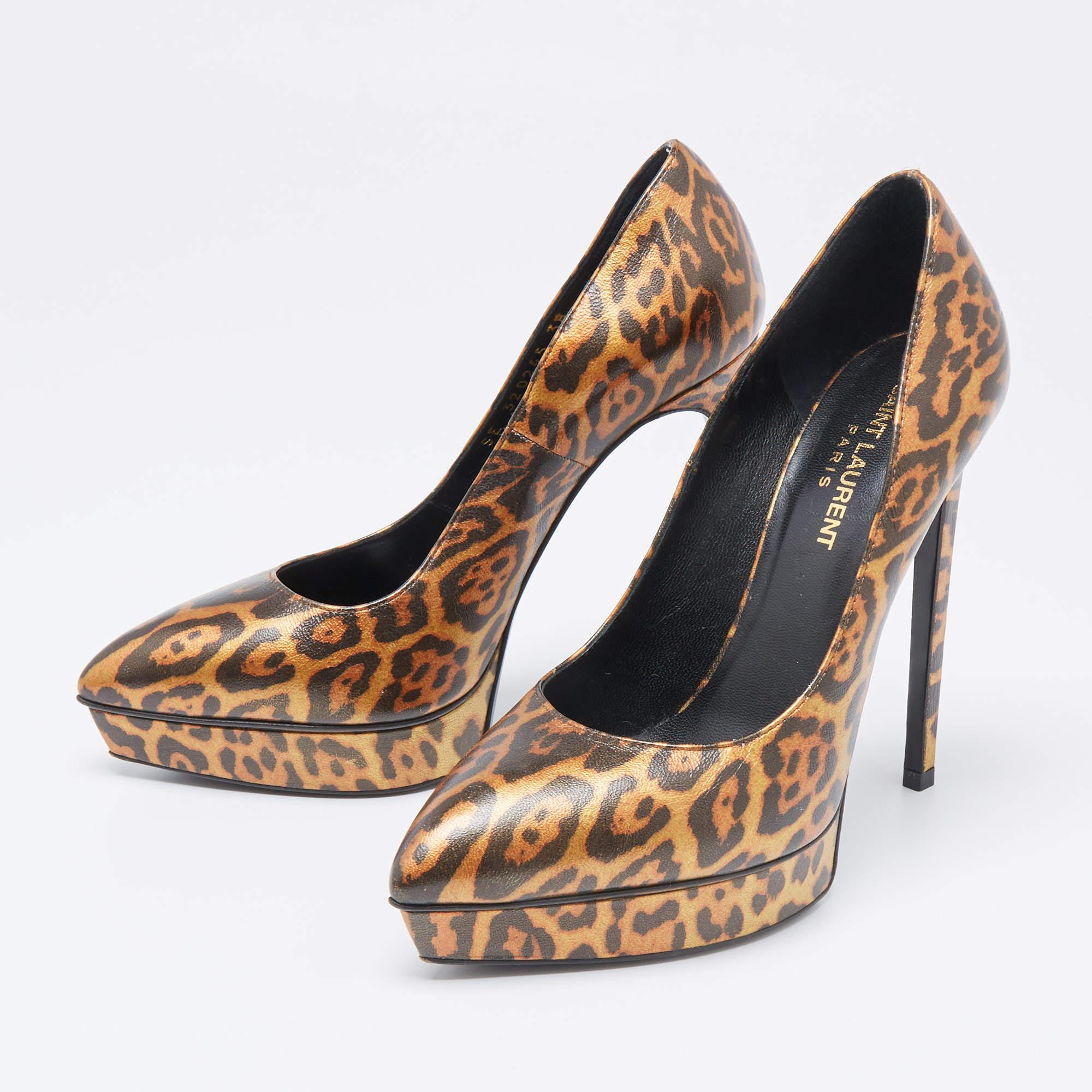 Saint Laurent Bronze/Schwarze Leopard Print Leder Janis Plateau Pumps Größe 38 im Zustand „Gut“ in Dubai, Al Qouz 2
