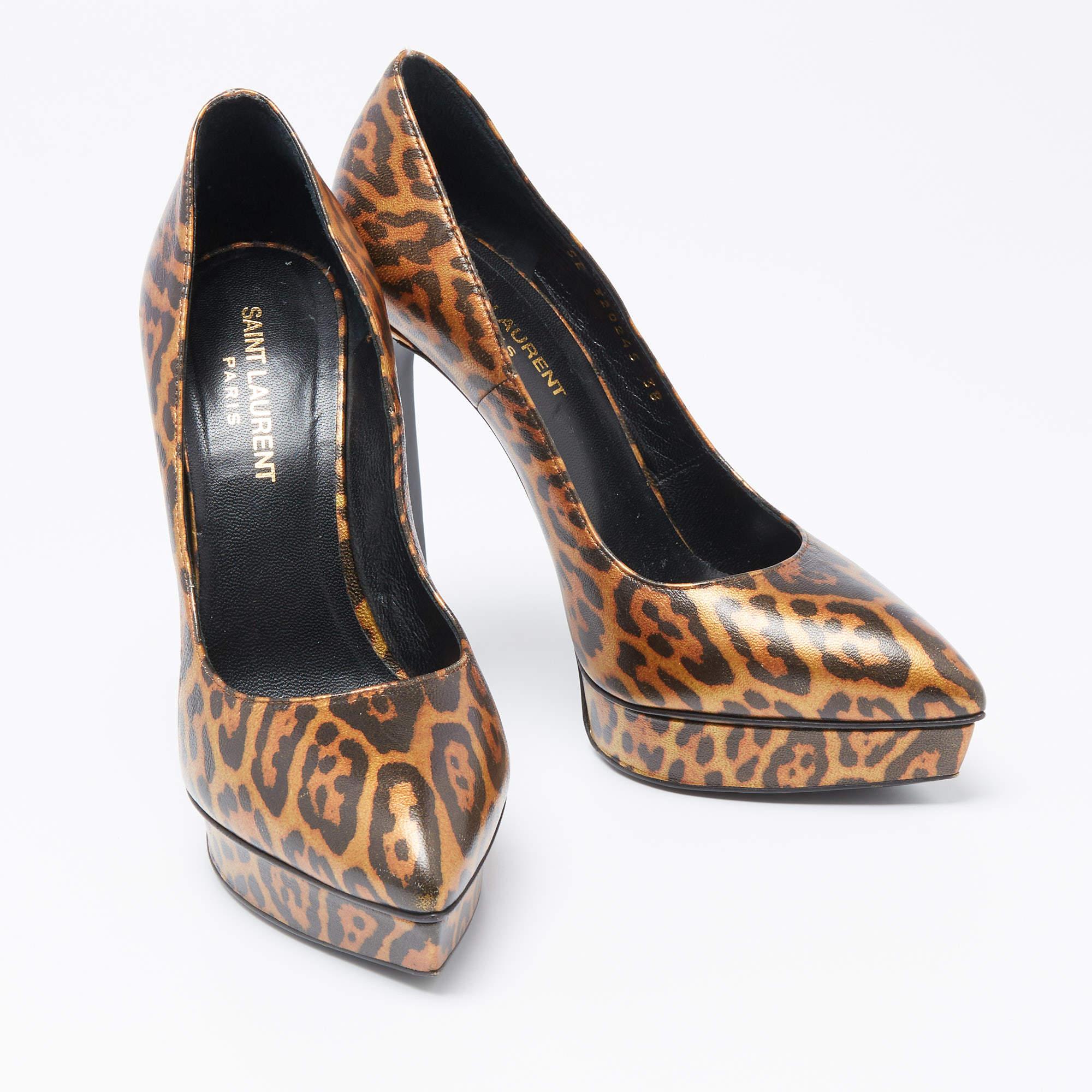 Saint Laurent Bronze/Schwarze Leopard Print Leder Janis Plateau Pumps Größe 38 Damen