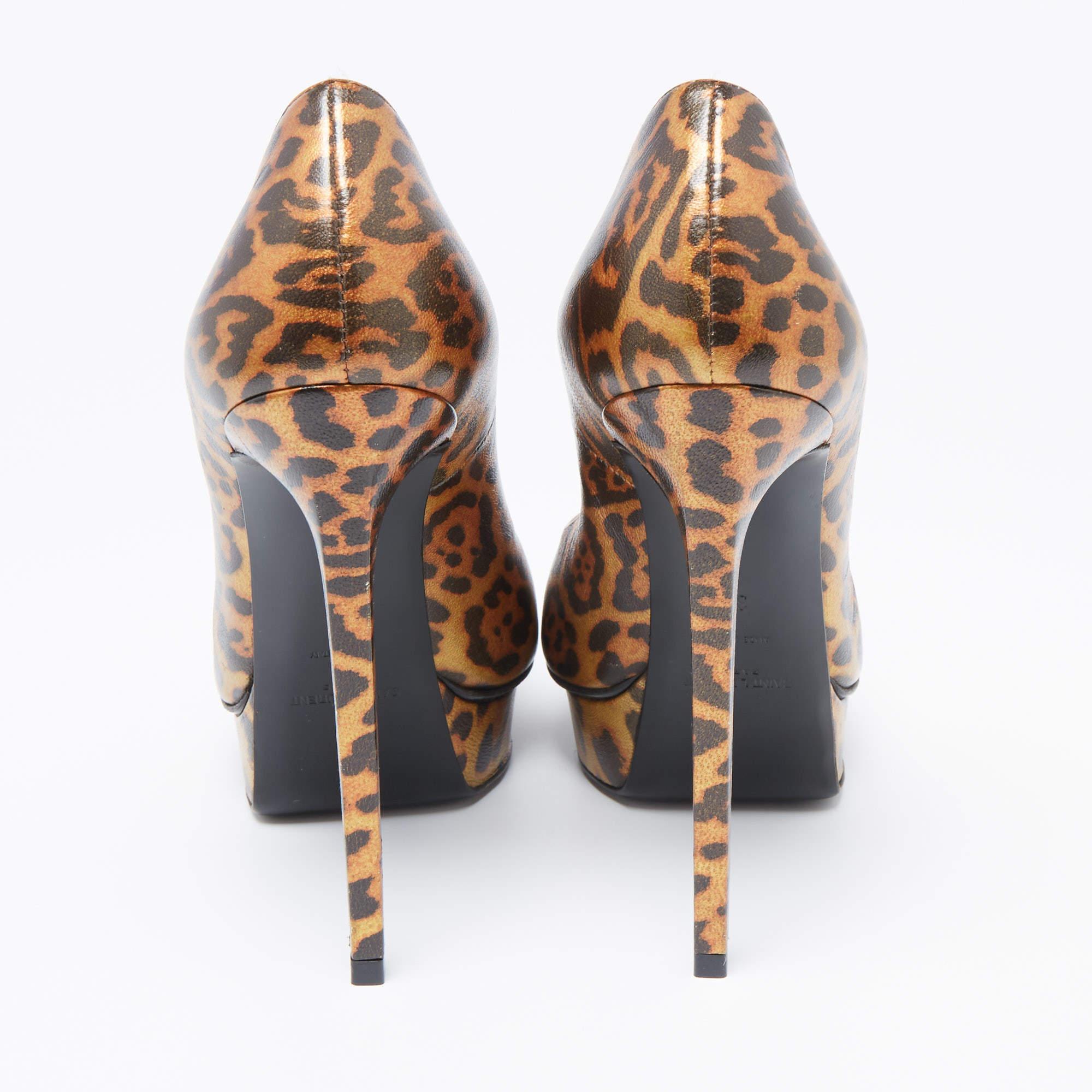 Saint Laurent Bronze/Schwarze Leopard Print Leder Janis Plateau Pumps Größe 38 1