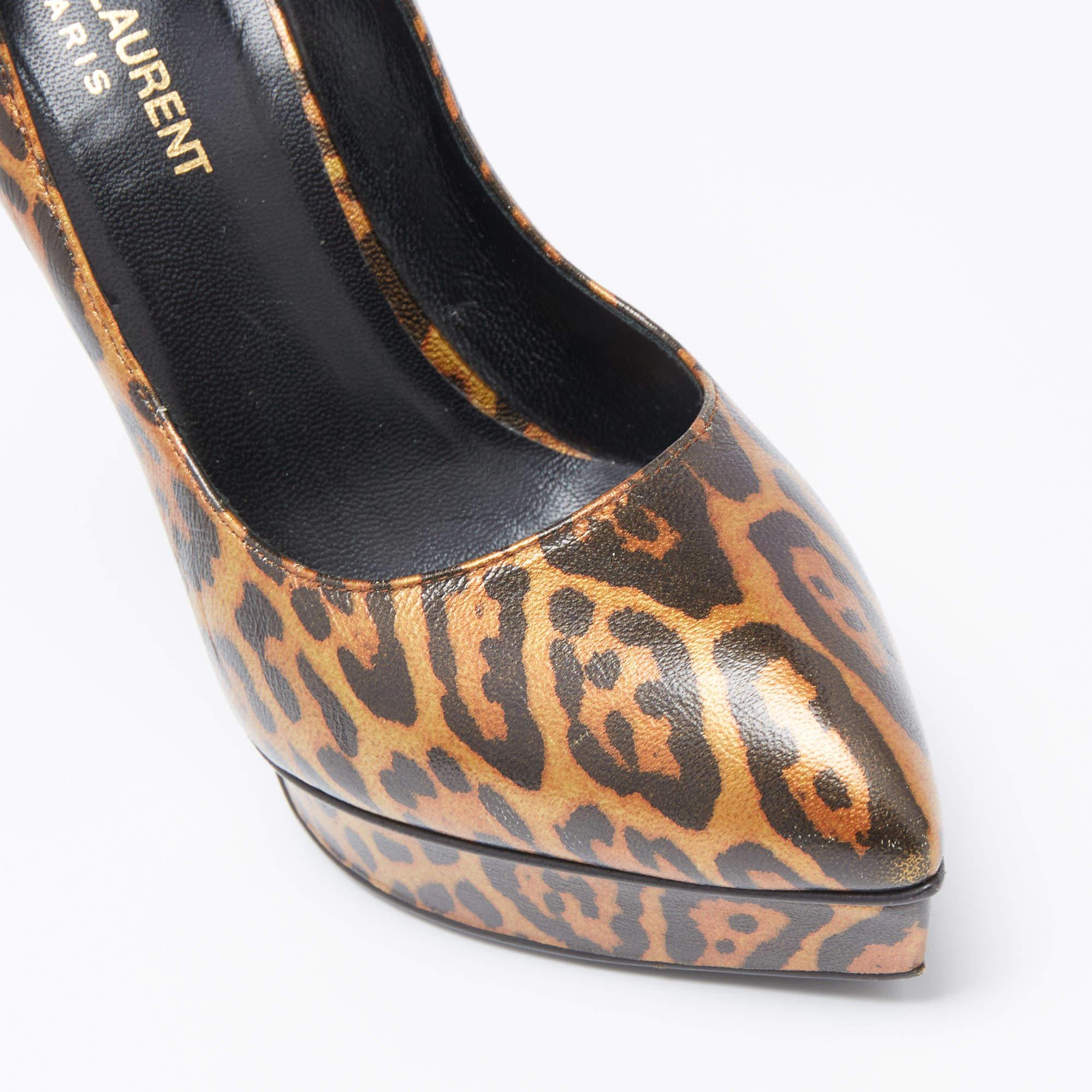 Saint Laurent Bronze/Schwarze Leopard Print Leder Janis Plateau Pumps Größe 38 3