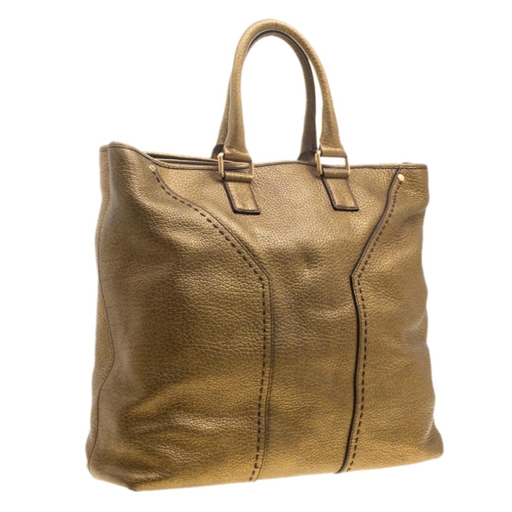 Saint Laurent Bronze Pebbled Leather Tote In Good Condition In Dubai, Al Qouz 2