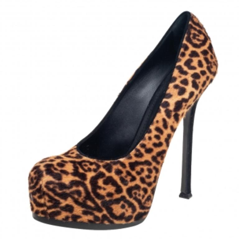 Black Saint Laurent Brown/Beige Leopard Print Pony Hair Tribtoo Pumps Size 41 For Sale