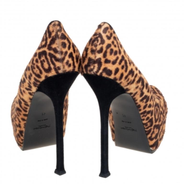 Saint Laurent Brown/Beige Leopard Print Pony Hair Tribtoo Pumps Size 41 For Sale 2