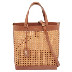 Saint Laurent Brown/Beige Woven Raffia and Leather Toy Tote
