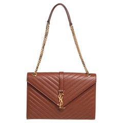 Saint Laurent Brown Chevron Quilted Leather Monogram Envelope Shoulder Bag
