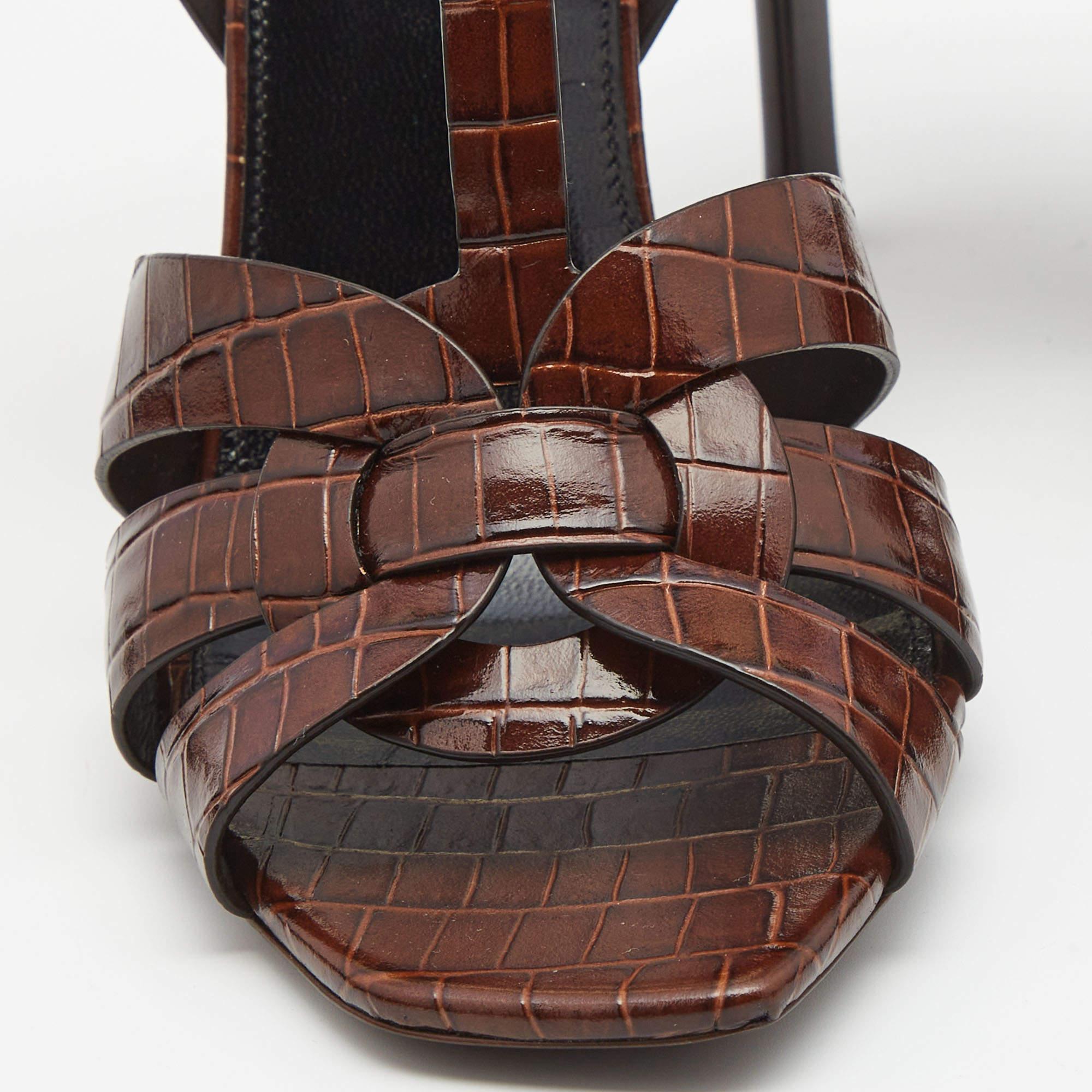 Saint Laurent Brown Croc Embossed Leather Tribute Sandals Size 38 2