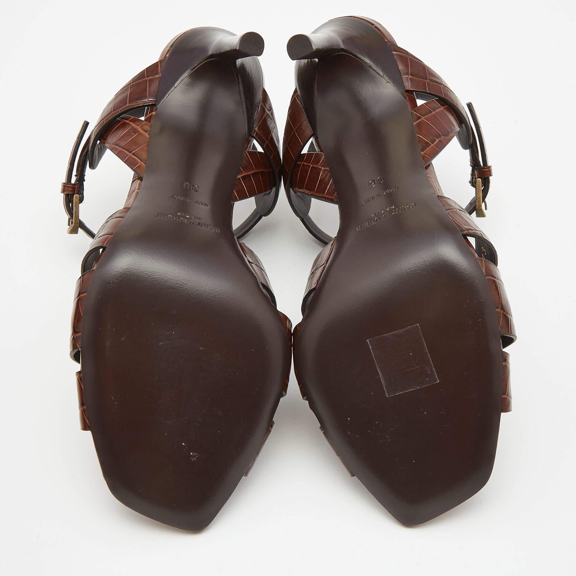 Saint Laurent Brown Croc Embossed Leather Tribute Sandals Size 38 4