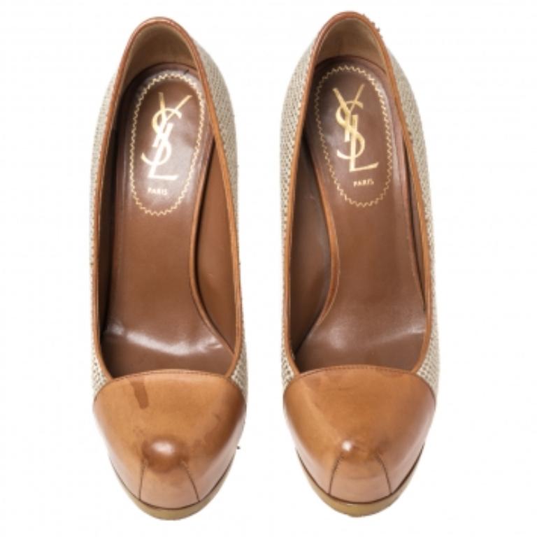 Saint Laurent Brown/Grey Canvas And Leather Platform Tribtoo  Pumps Size 37 In Good Condition For Sale In Dubai, Al Qouz 2