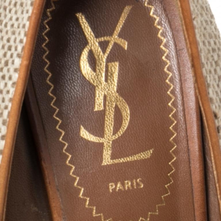 Women's Saint Laurent Brown/Grey Canvas And Leather Platform Tribtoo  Pumps Size 37 For Sale