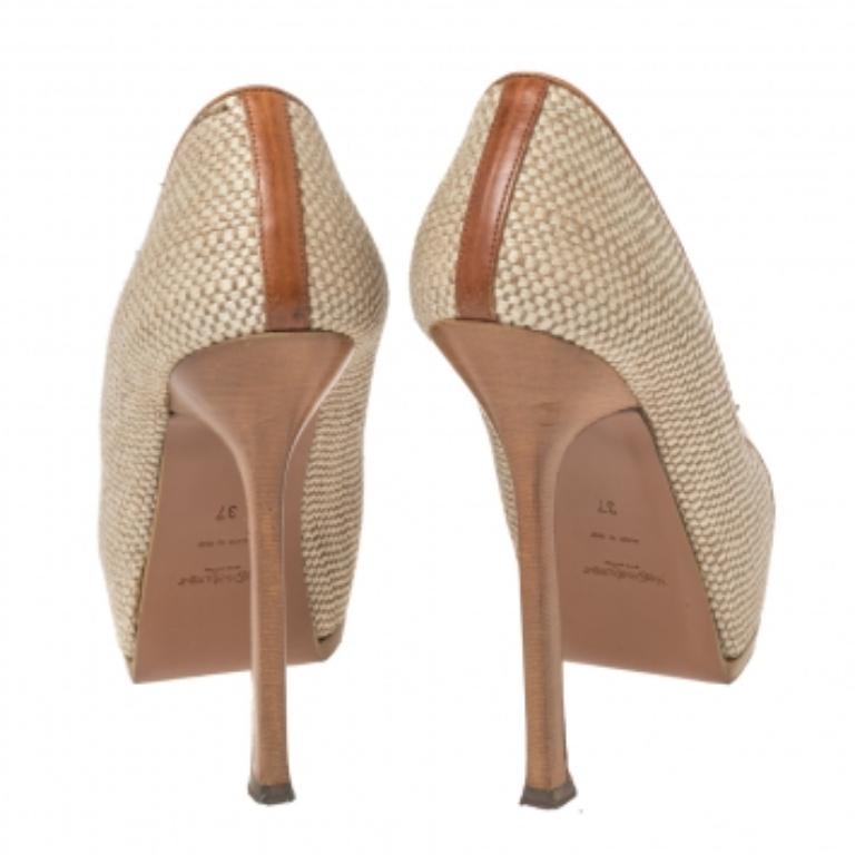 Saint Laurent Brown/Grey Canvas And Leather Platform Tribtoo  Pumps Size 37 For Sale 2