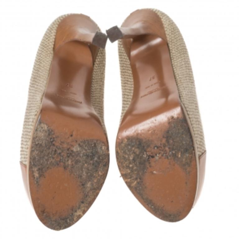 Saint Laurent Brown/Grey Canvas And Leather Platform Tribtoo  Pumps Size 37 For Sale 4