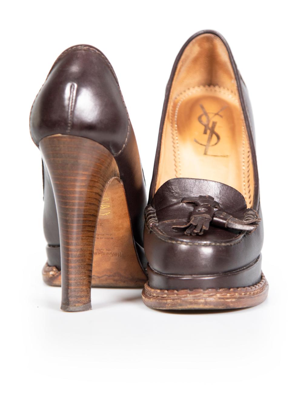 Saint Laurent Brown Leather Ebony Jeanne 90 Moccasin Pumps Size IT 37 In Good Condition For Sale In London, GB