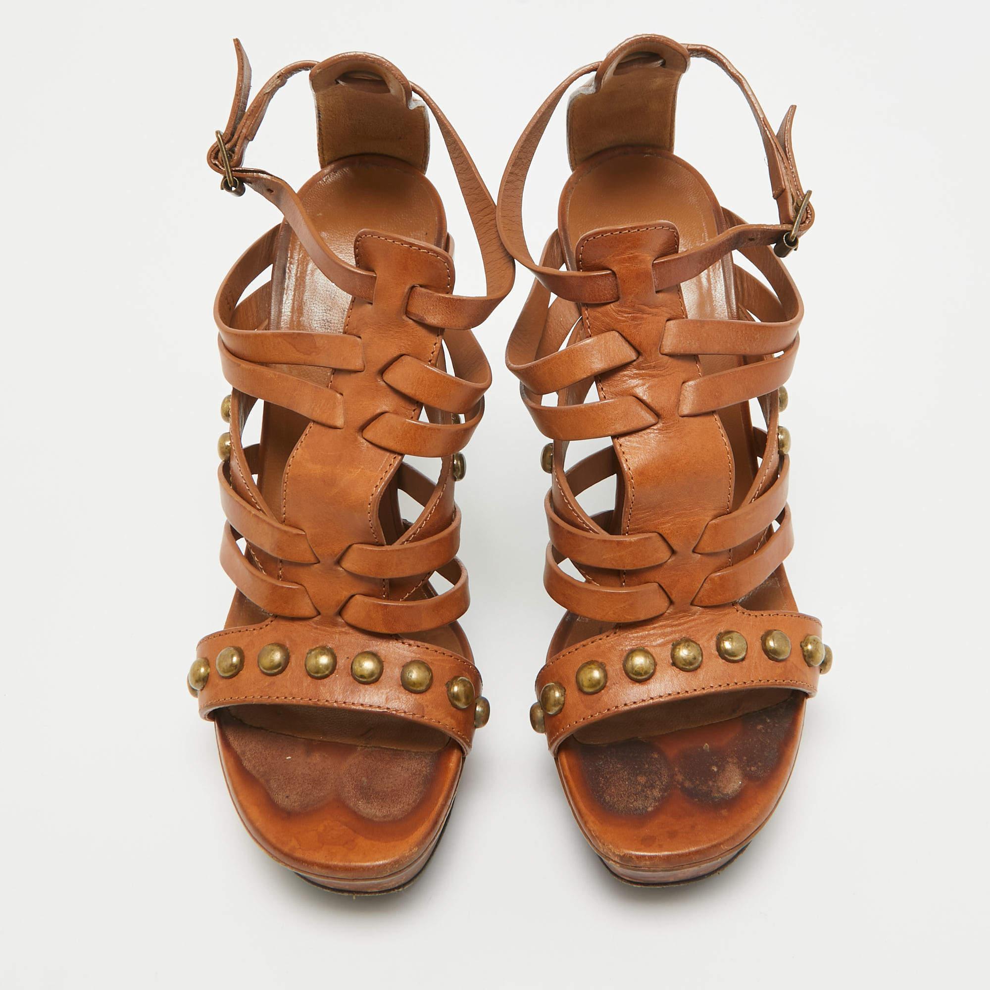 Saint Laurent Brown Leather Gladiator Slide Sandals Size 37 In Fair Condition In Dubai, Al Qouz 2
