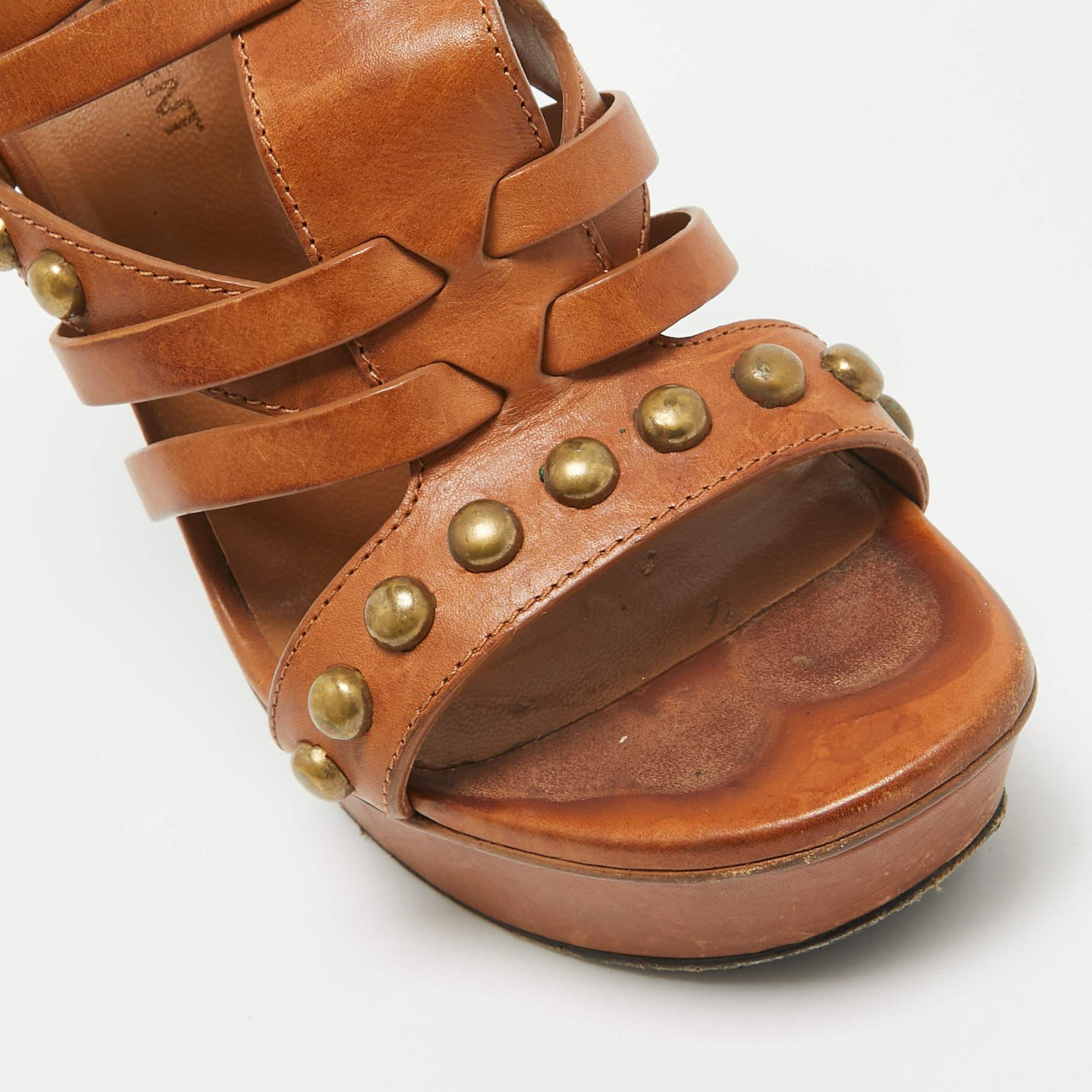 Saint Laurent Brown Leather Gladiator Slide Sandals Size 37 3