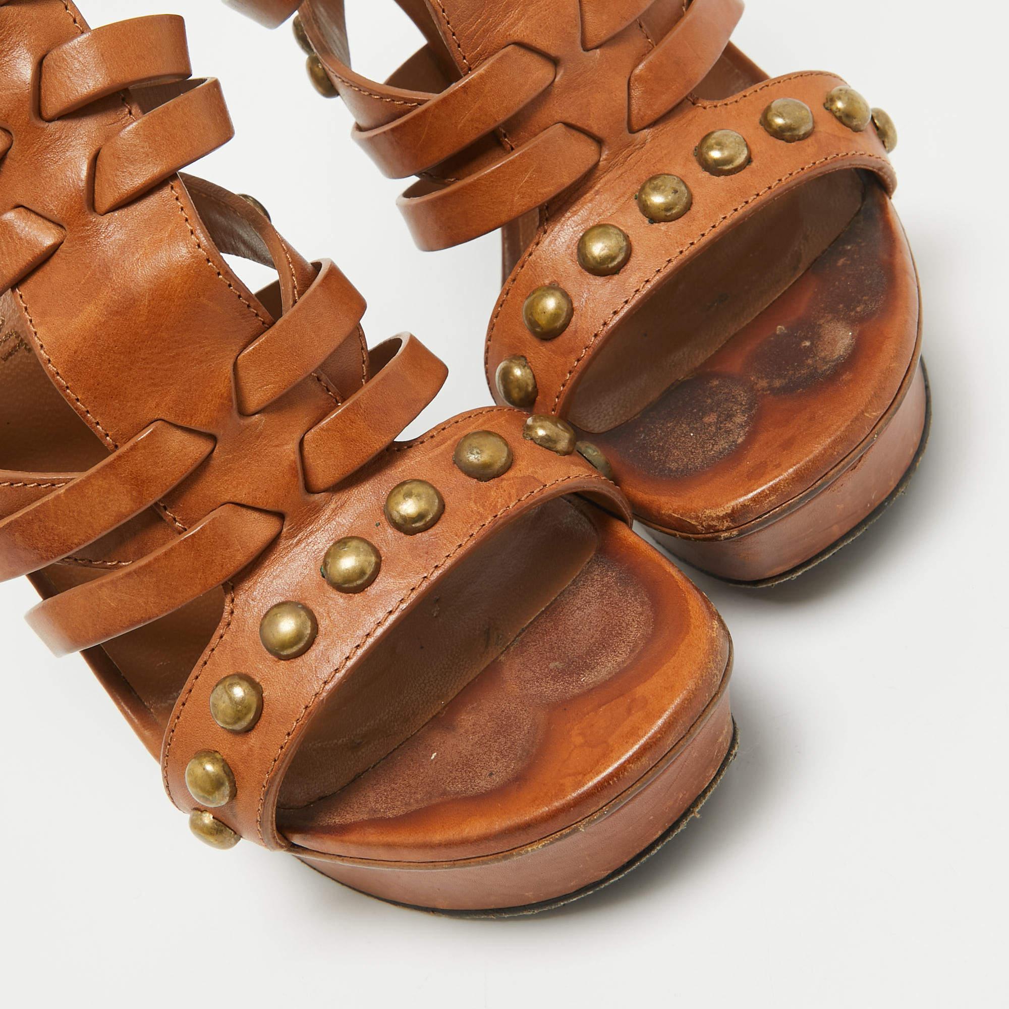 Saint Laurent Brown Leather Gladiator Slide Sandals Size 37 4