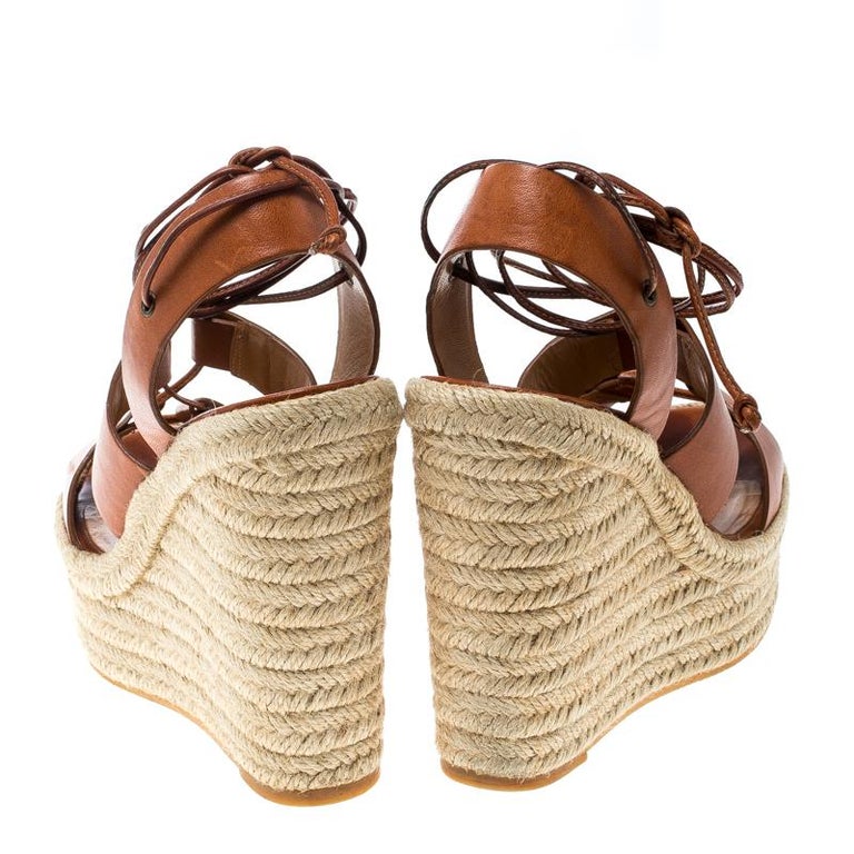 Saint Laurent Brown Leather Lace Up Espadrille Wedge Sandals Size 36 ...