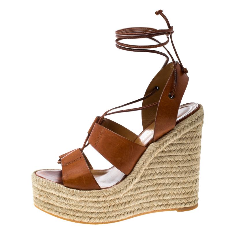 Saint Laurent Brown Leather Lace Up Espadrille Wedge Sandals Size 36 In Good Condition In Dubai, Al Qouz 2