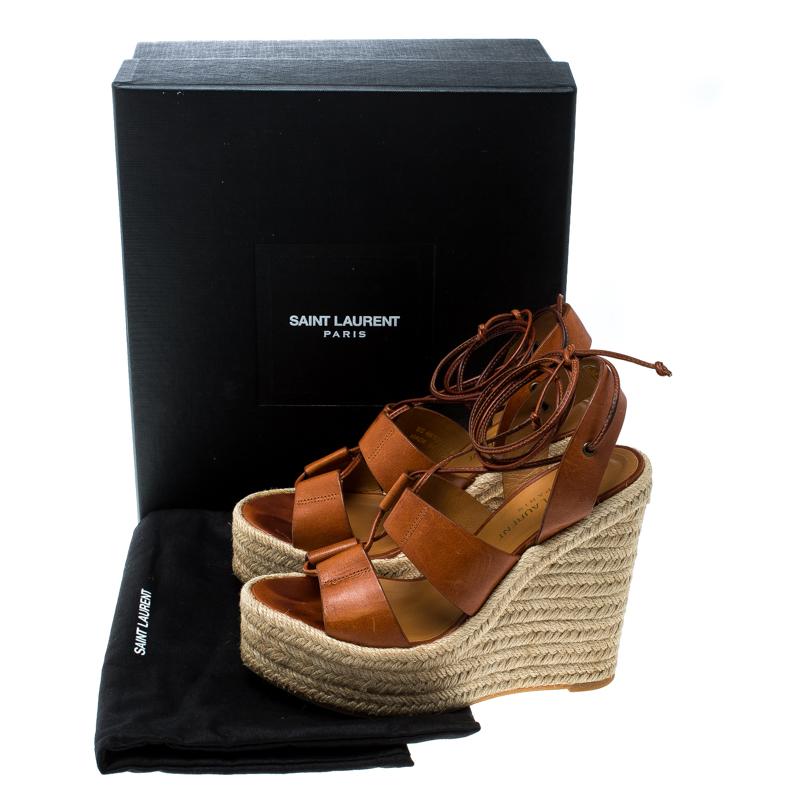 Saint Laurent Brown Leather Lace Up Espadrille Wedge Sandals Size 36 1