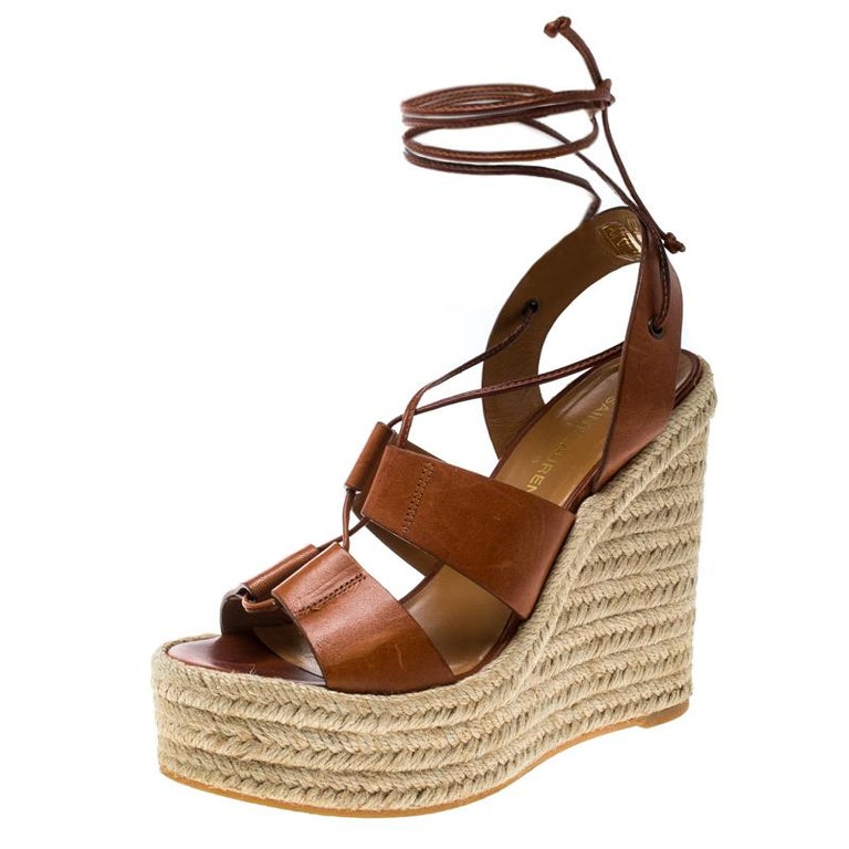 Saint Laurent Brown Leather Lace Up Espadrille Wedge Sandals Size 36 For  Sale at 1stDibs