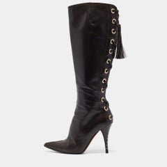 Saint Laurent Brown Leather Lace Up Midcalf Boots Size 37.5