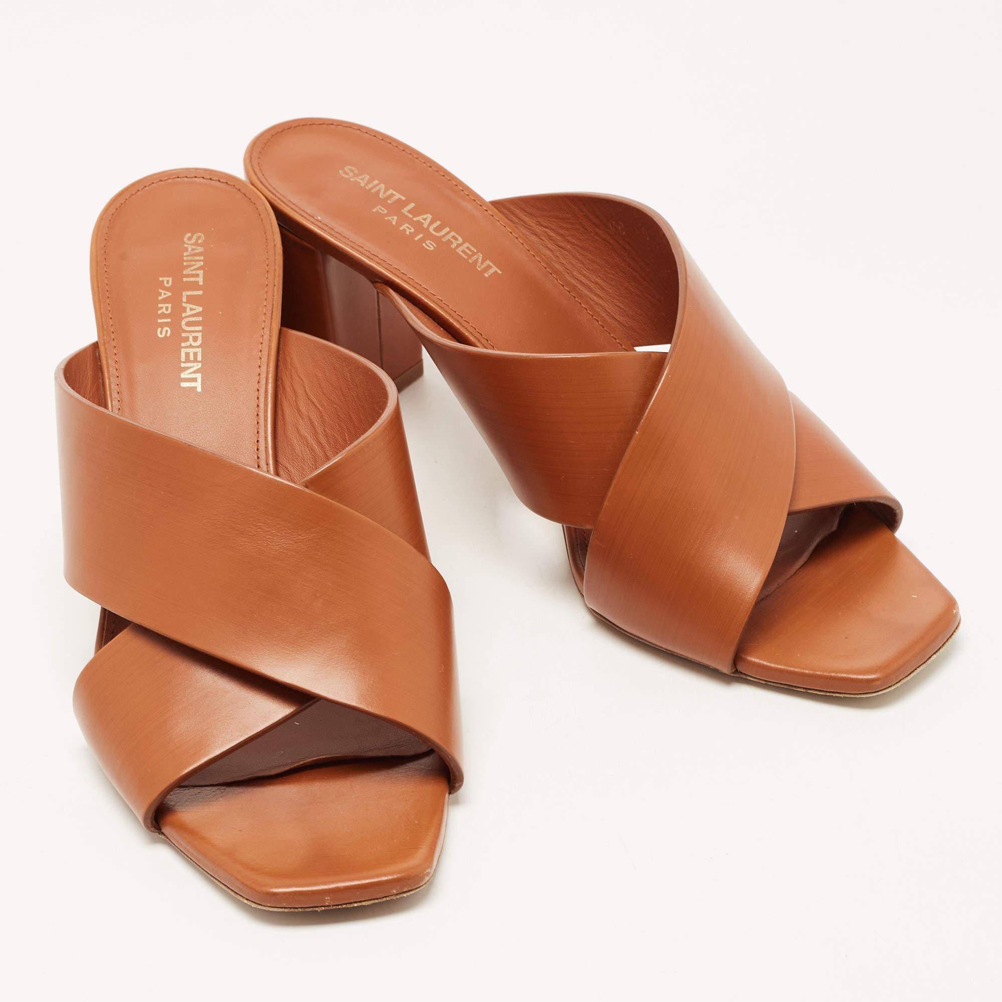 Women's Saint Laurent Brown Leather Loulou Slide Sandals Size 38.5