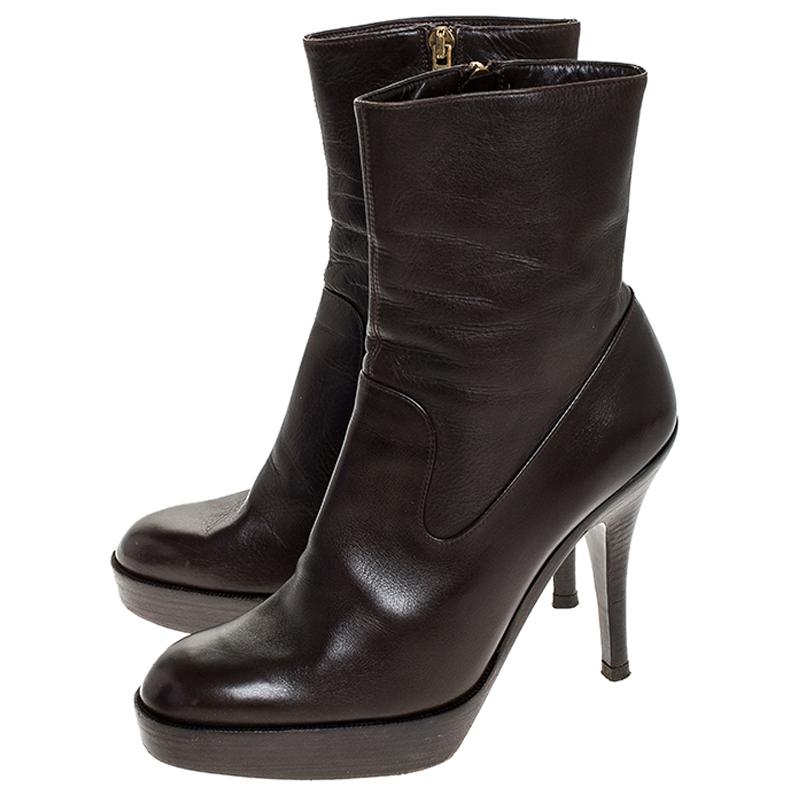 Saint Laurent Brown Leather Platform Ankle Boots Size 36.5 1