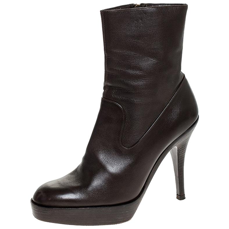 Saint Laurent Brown Leather Platform Ankle Boots Size 36.5