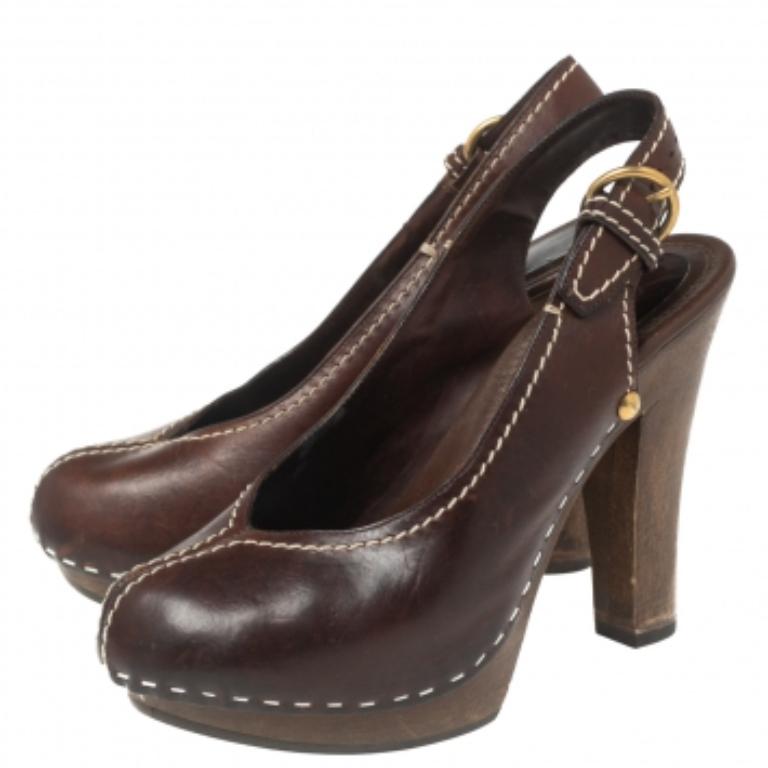 Black Saint Laurent Brown Leather Platform Slingback Sandals Size 36 For Sale