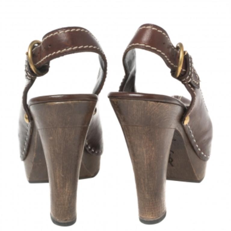 Women's Saint Laurent Brown Leather Platform Slingback Sandals Size 36 For Sale