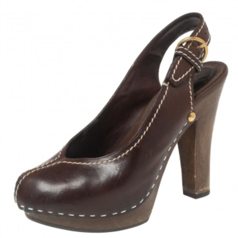 Saint Laurent Brown Leather Platform Slingback Sandals Size 36 For Sale 3