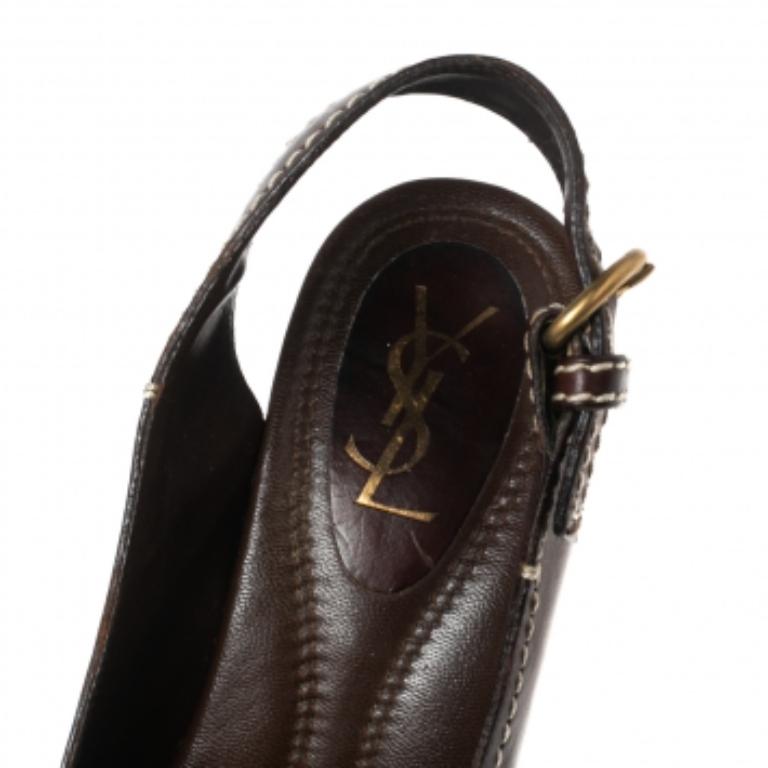 Saint Laurent Brown Leather Platform Slingback Sandals Size 36 For Sale 4