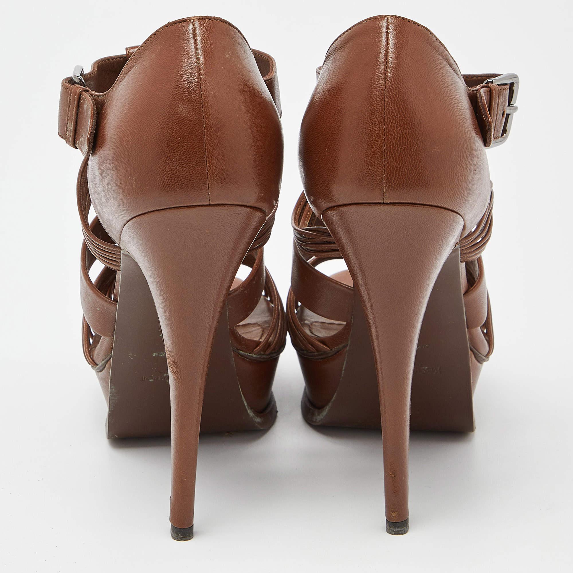 Saint Laurent Brown Leather Strappy Platform Sandals Size 39.5 For Sale 1