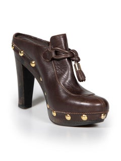 Saint Laurent Brown Leather Studded Tassel Mules Size IT 37