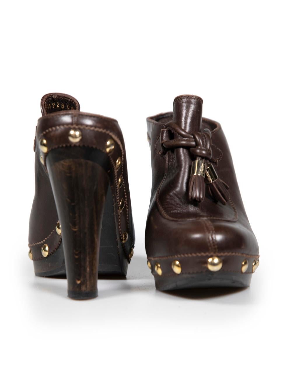 Saint Laurent Brown Leather Studded Tassel Mules Size IT 37 In Good Condition For Sale In London, GB
