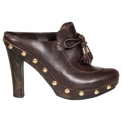 Saint Laurent Brown Leather Studded Tassel Mules Size IT 37