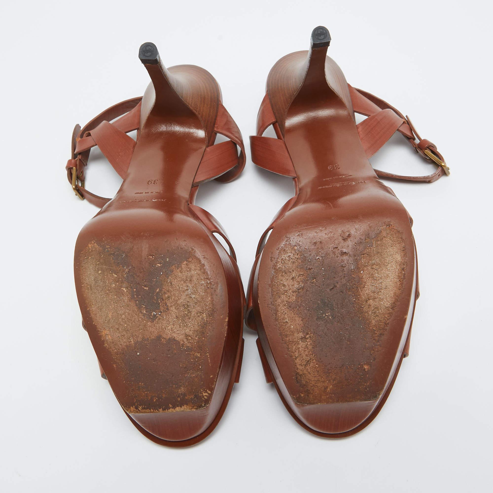 Saint Laurent Brown Leather Tribute Platform Sandals Size 39 In Good Condition For Sale In Dubai, Al Qouz 2