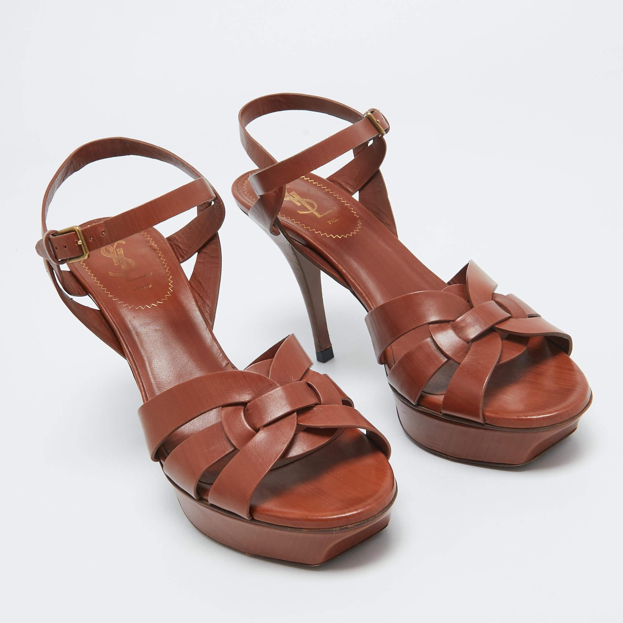 Saint Laurent Brown Leather Tribute Platform Sandals Size 39 For Sale 2