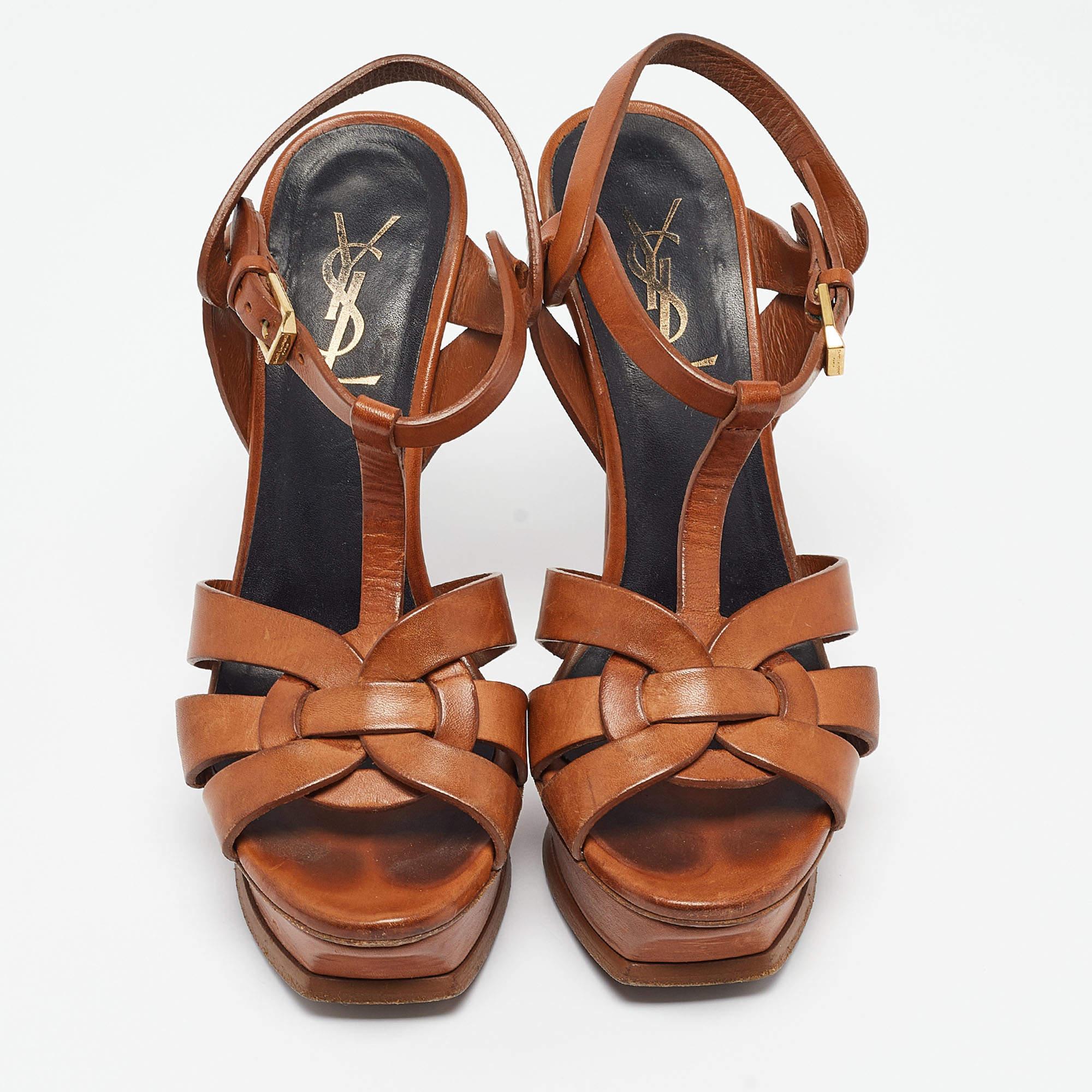 Saint Laurent Brown Leather Tribute  Sandals Size 36.5 In Good Condition In Dubai, Al Qouz 2