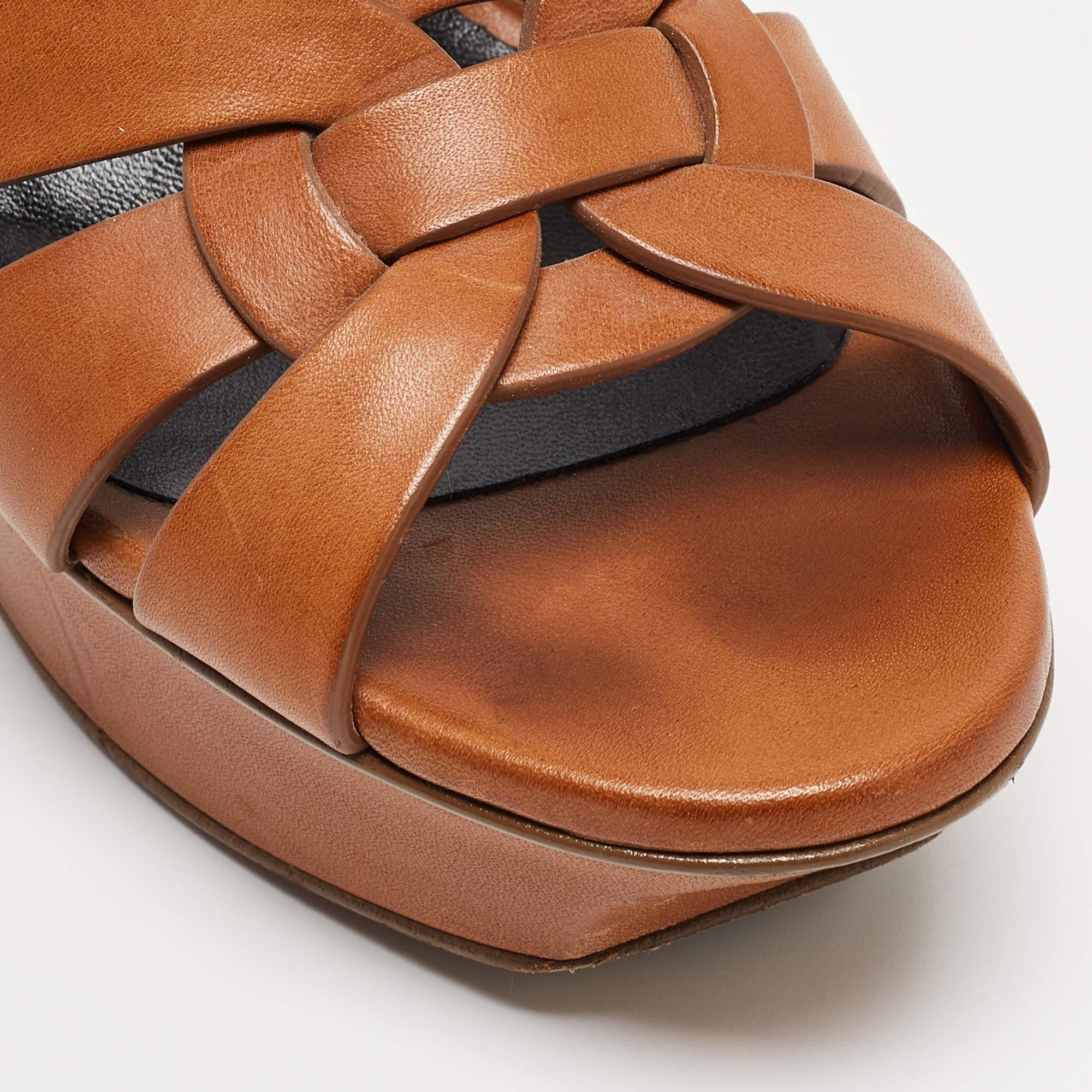 Saint Laurent Brown Leather Tribute Sandals Size 36.5 In Good Condition For Sale In Dubai, Al Qouz 2