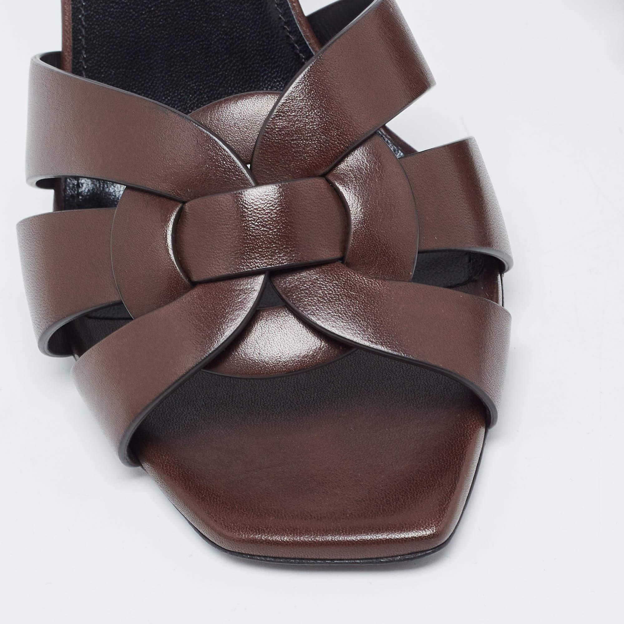 Women's Saint Laurent Brown Leather Tribute Slide Sandals Size 38.5